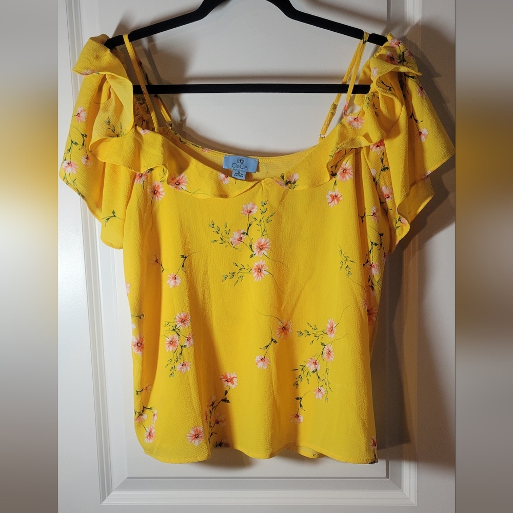 CeCe Bright Yellow Floral Top Off The Shoulder/Spaghetti Straps SZ M